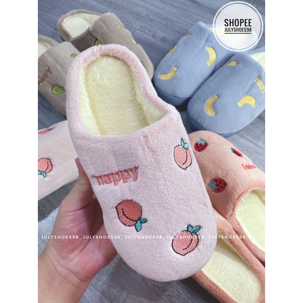 Dép bông đi trong nhà mùa đông đế cao su Dép lông nam nữ thêu họa tiết hoa quả ấm áp