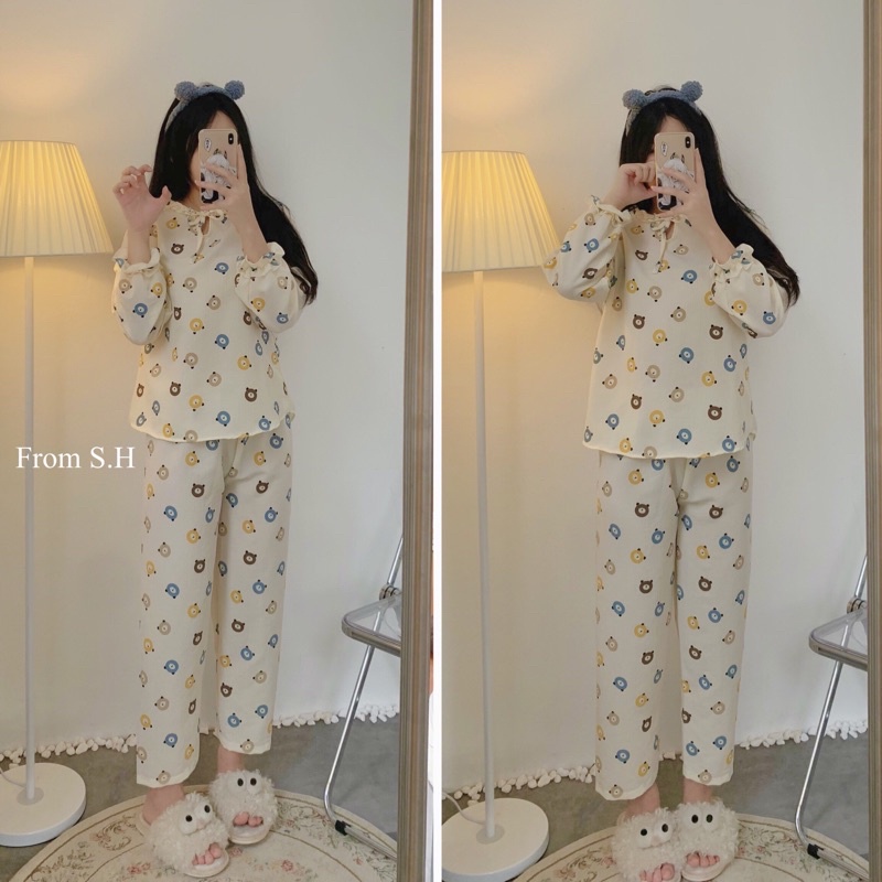 [ ẢNH THẬT ] Pijama cổ nơ xốp đũi Hàn dáng dài hoạ tiết xinh xắn. Bộ ngủ nữ hoạt hình dễ thương