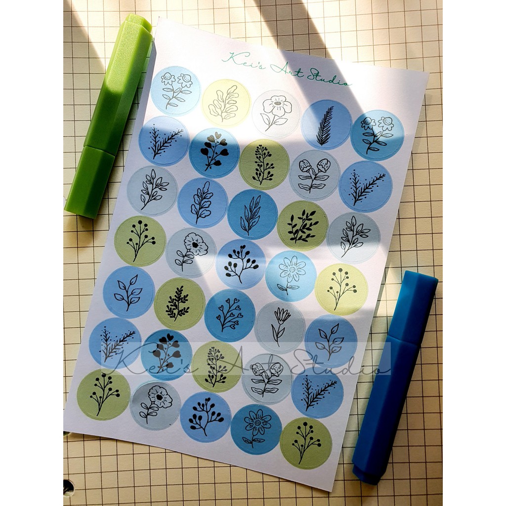1 tờ 35 sticker tròn hình hoa lá vẽ tay nhiều màu sắc trang trí sổ vintage