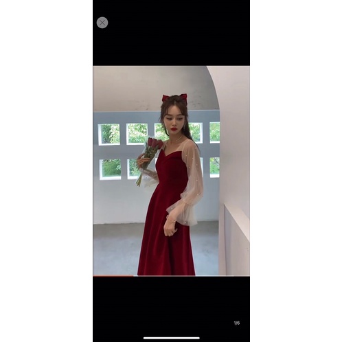 ⚡️ĐẦM NHUNG⚡️Đầm nhung đỏ phối tay voan