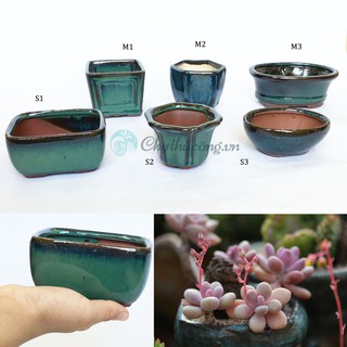 Chậu gốm sứ Bát Tràng có lỗ, chậu bonsai men hỏa biến [Size S], men chảy, xinh xắn, độc đáo trồng bonsai, sen đá, decor