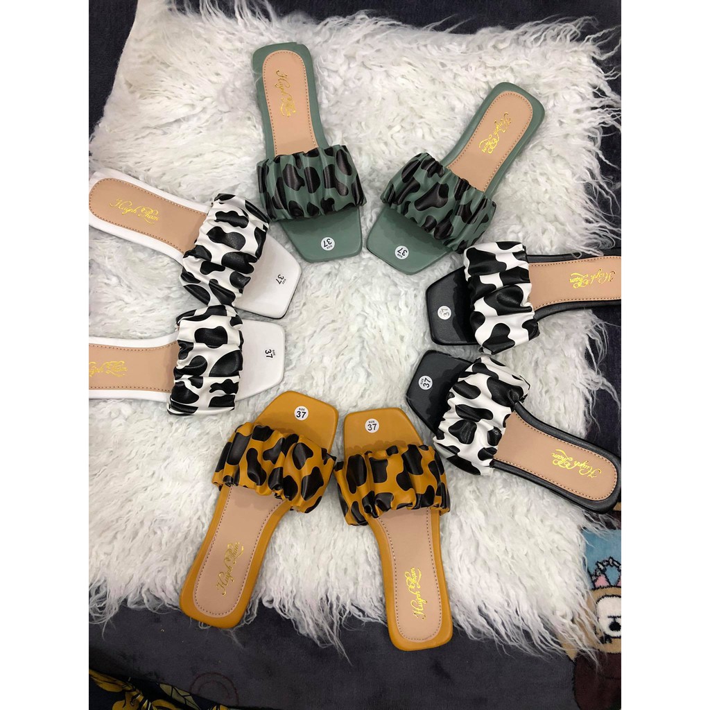 dép quai ngang nữ nhúm thun họa tiết bò sữa siêu hot mẫu mới 2021