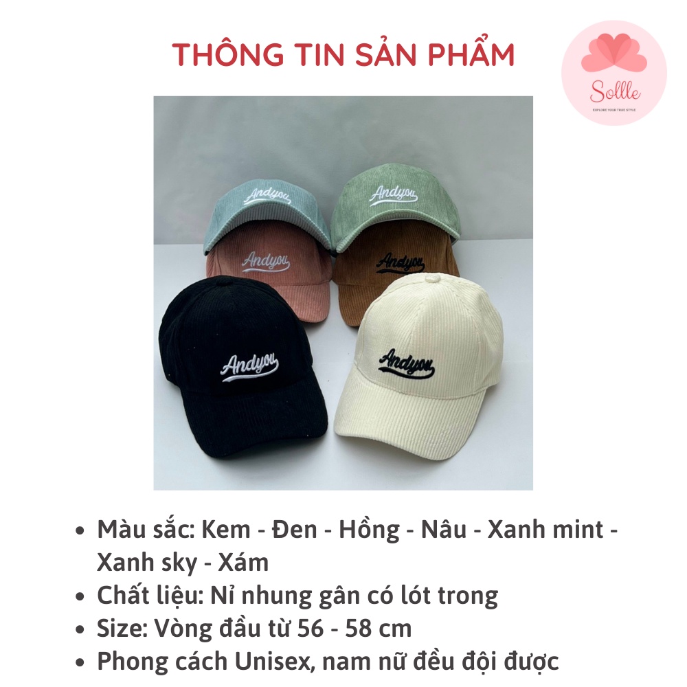 Mũ lưỡi trai nam nữ nỉ nhung gân thêu chữ Andyou, nón kết unisex phong cách Hàn Quốc Sollle