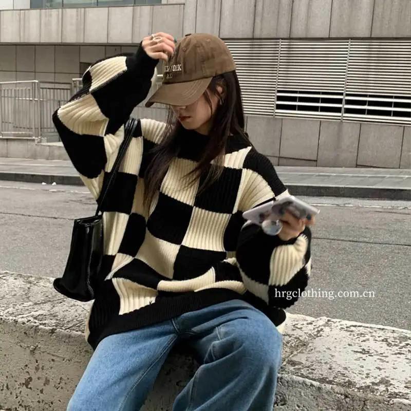 Áo sweater Tay Rộng Kẻ Sọc Caro Phong Cách Mùa Đông Mới