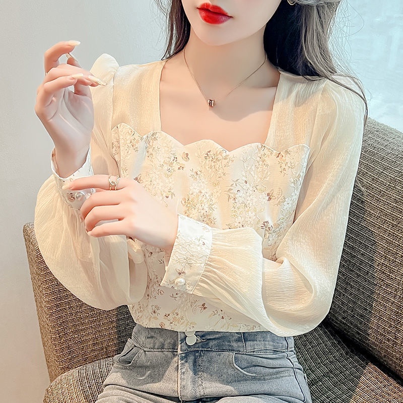 Áo Kiểu Tay Dài Cổ Vuông Form Ôm Họa Tiết Hoa Phong Cách Pháp