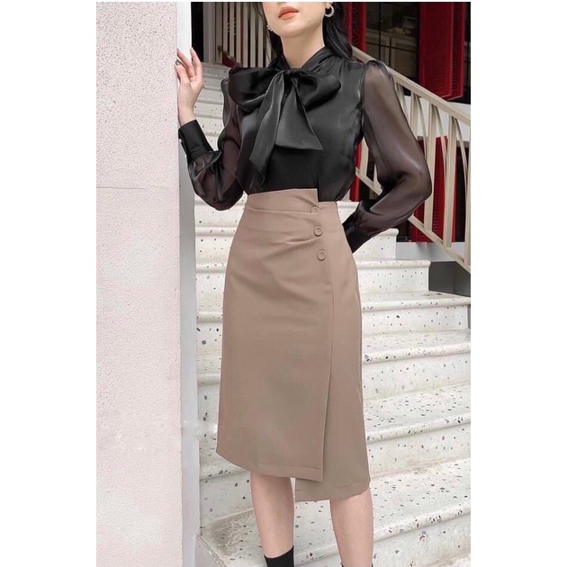 Chân váy dài dập ly lưng cao công sở, Chân váy midi trong bộ sưu tập chân váy dài xẻ tà đẹp | BigBuy360 - bigbuy360.vn