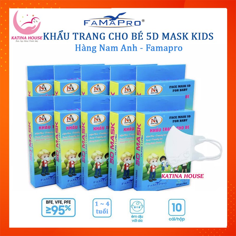 Khẩu trang cho bé y tế 3 lớp kháng khuẩn 5D mask Famapro Nam Anh, lọc bụi, không hầm bí, dây đeo mềm mại cho bé
