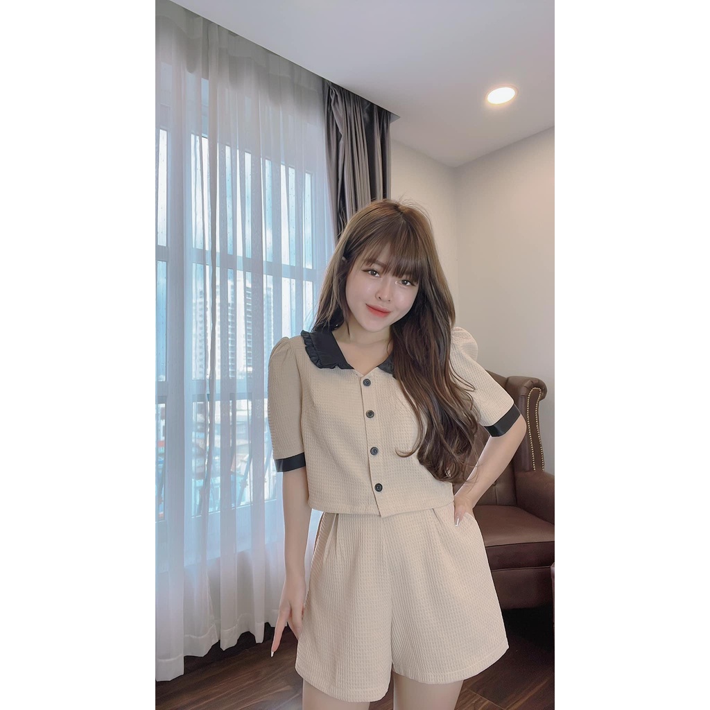 Sét bộ nữ chất dập nổi Quảng Châu Áo  cổ bèo viền  + quần sort so hot -Thời Trang VADA