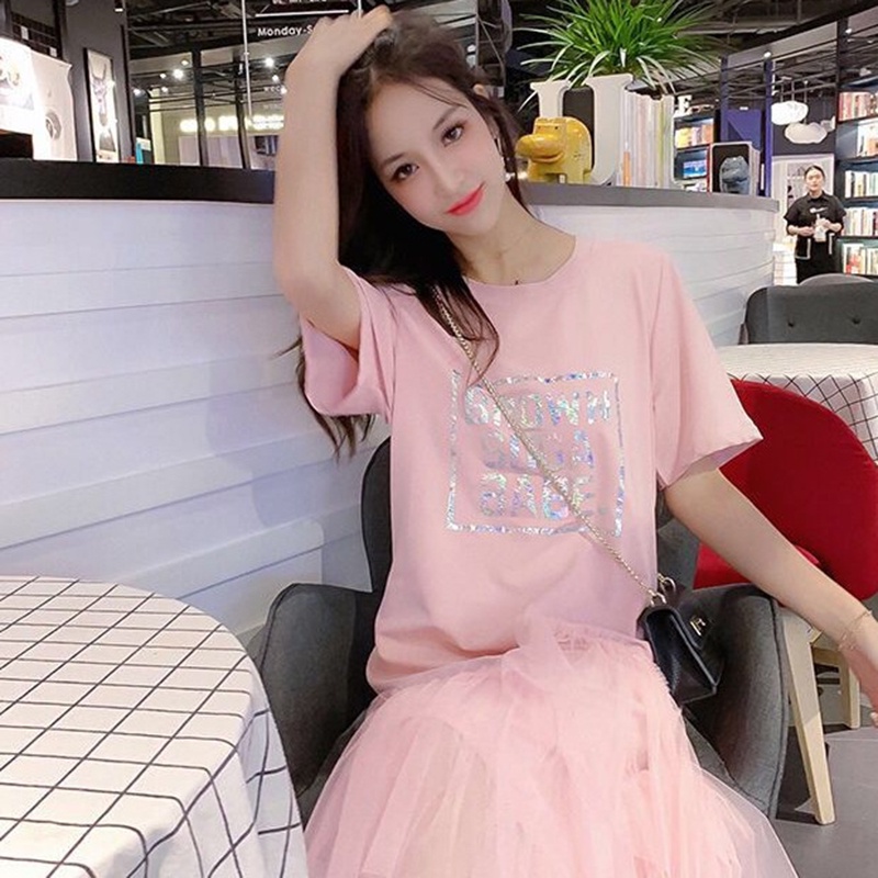 Đầm IELGY tay ngắn cổ tròn phối lưới mỏng thời trang cho nữ