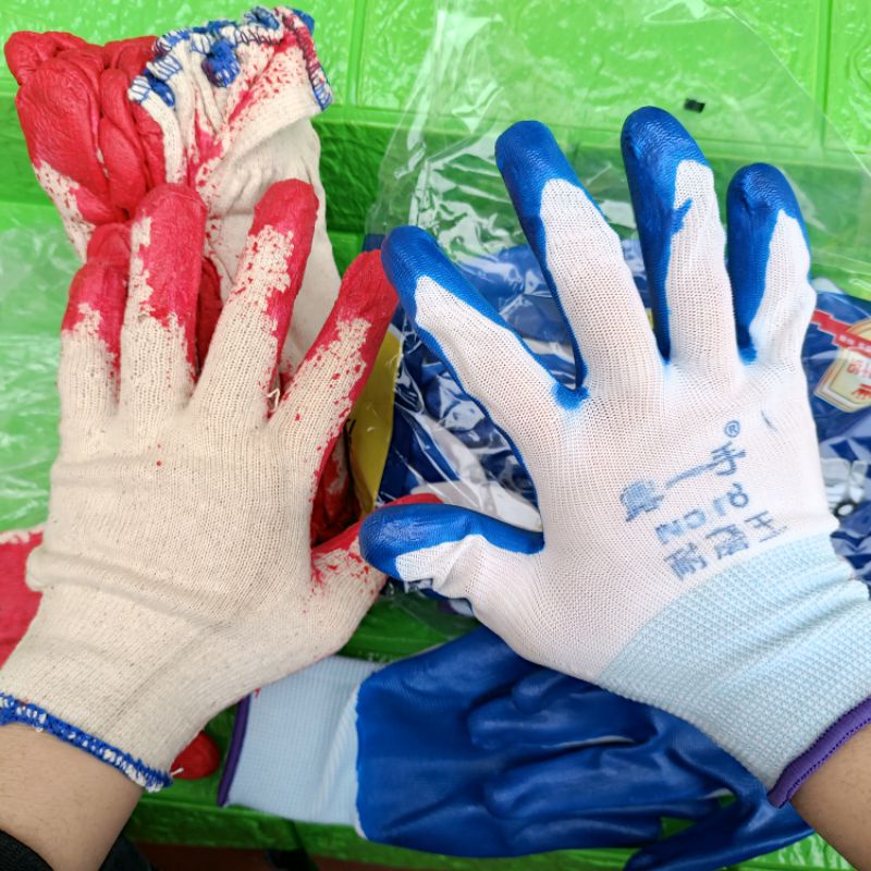 set 12 đôi găng tay sơn xanh ,10 đỏ , găng tay lao động