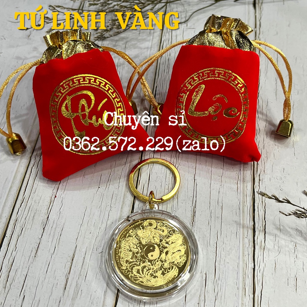 Móc Khóa Đồng Xu Tứ Linh, Long Lân Quy Phụng Mạ Vàng Siêu Đẹp Phong Thủy May Mắn Tặng Tuuis Gấm Phúc -Lộc