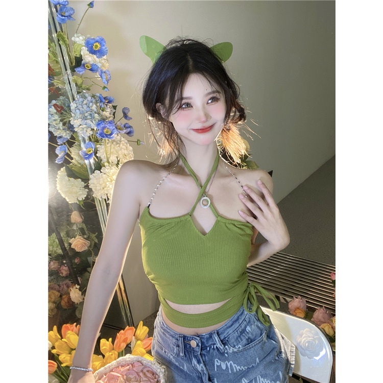 Áo Ống Ngắn Hai Dây Màu Xanh Lá Trơn Thời Trang Hàn Quốc Cho Nữ