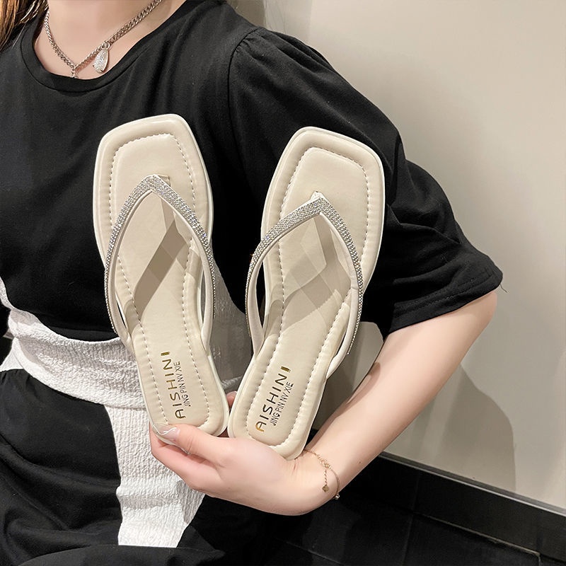 Dép Xỏ Ngón Đế Dày Mũi Vuông Đính Đá Thời Trang Mùa Hè Dành Cho Nữ