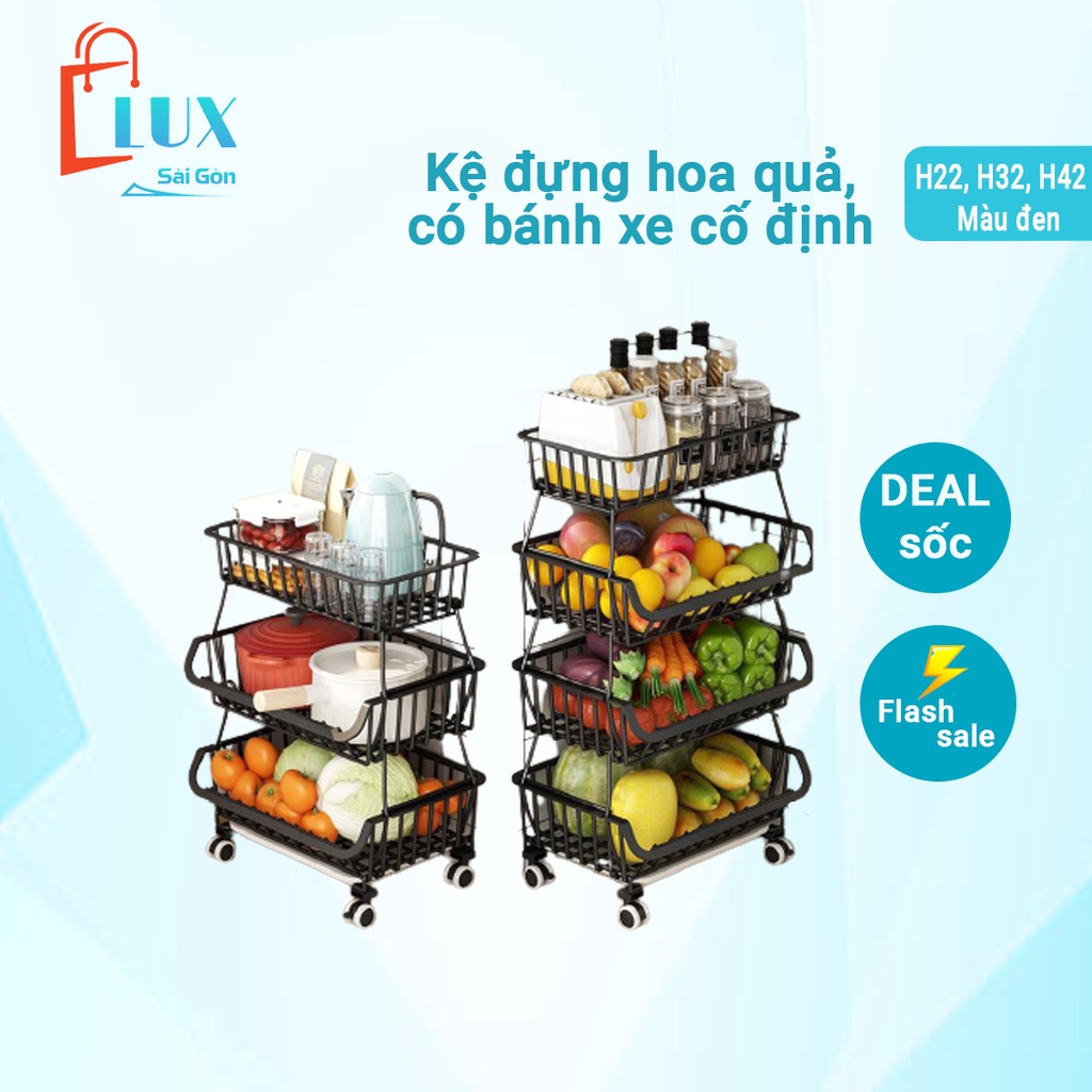 Kệ đựng hoa quả 2,3,4 tầng có bánh xe di chuyển và cố định, xe đẩy rau củ có khớp nối đa năng bằng thép không gỉ