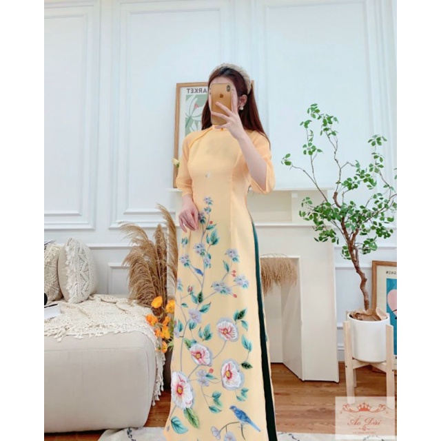 🌼Áo dài cách tân 4 tà Chi Mai thướt tha màu vàng màu xanh hoạ tiết thêu nổi đính hạt kim sa cao cấp thời trang thiết kế