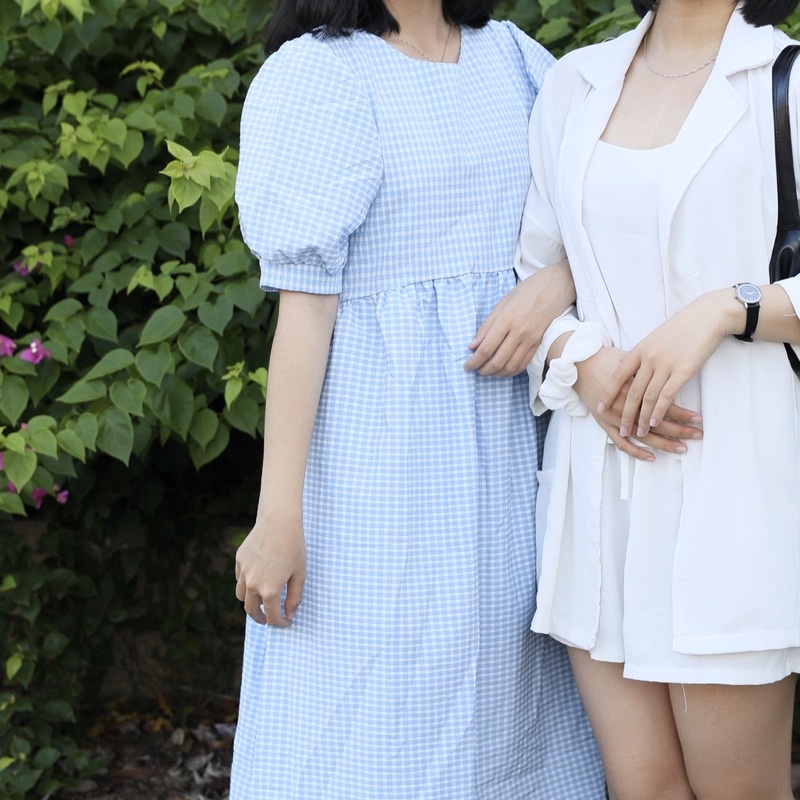 Váy babydoll caro tay phồng xanh dương 2hand