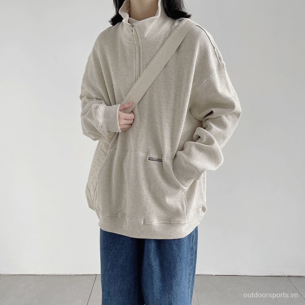 Áo Sweater Dáng Rộng Cổ Cao Phối Khóa Kéo Kiểu Hàn Quốc Thời Trang Xuân Thu Cho Nữ 2021