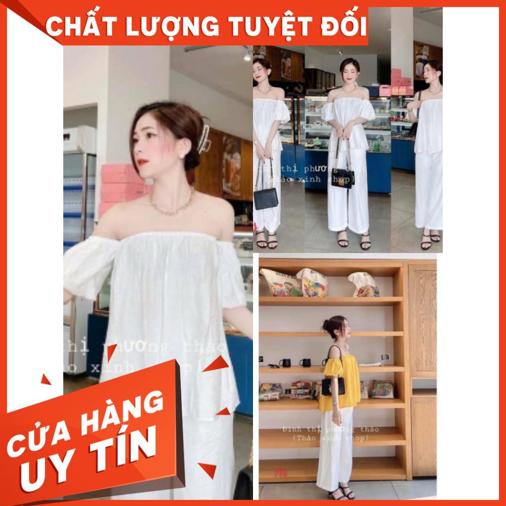 Bộ Áo Trễ Vai Quần Trắng Đũi , Áo Hở Vai Kèm Quần Suông Ống Rộng 2 Màu X30