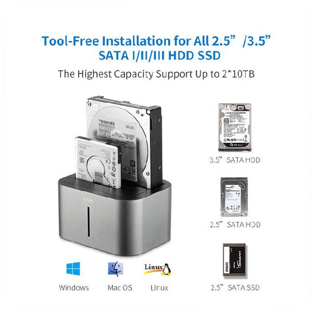 DOCKING ĐỌC Ổ CỨNG HDD/SSD 2.5 VÀ 3.5 2 KHAY CÓ CHỨC NĂNG CLONE SAO CHÉP QUA LẠI GIỮA 2 Ổ HÀNG CHÍNH HÃNG SSK SSK DK100
