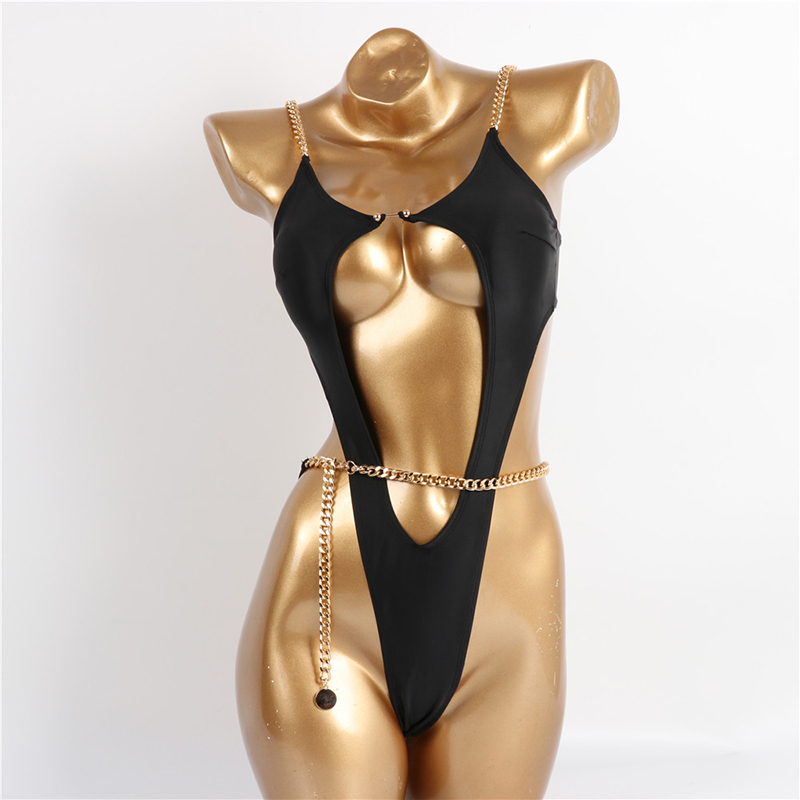 Đồ bơi liền thân có miếng đệm ngực màu trơn phối chuỗi xích đeo quanh eo dành cho nữ | BigBuy360 - bigbuy360.vn