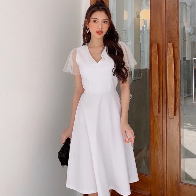 Đầm xoè trắng cổ V tay lưới ❤️FREESHIP ❤️Nhập MADEBY20 giảm 20k đơn trên 300k | WebRaoVat - webraovat.net.vn