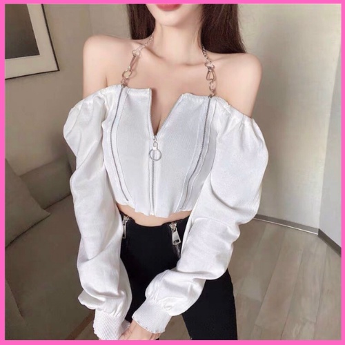 Áo len trễ vai tay dài croptop kiểu Hàn Quốc