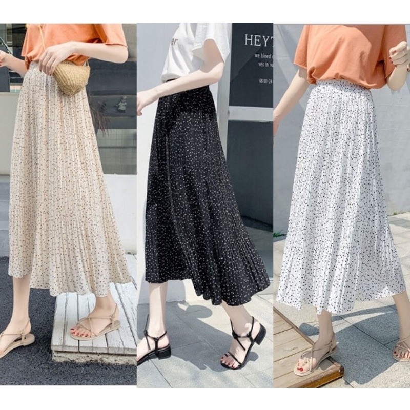 Chân váy xếp li dài chấm bi chiffon lưng thun cho nữ