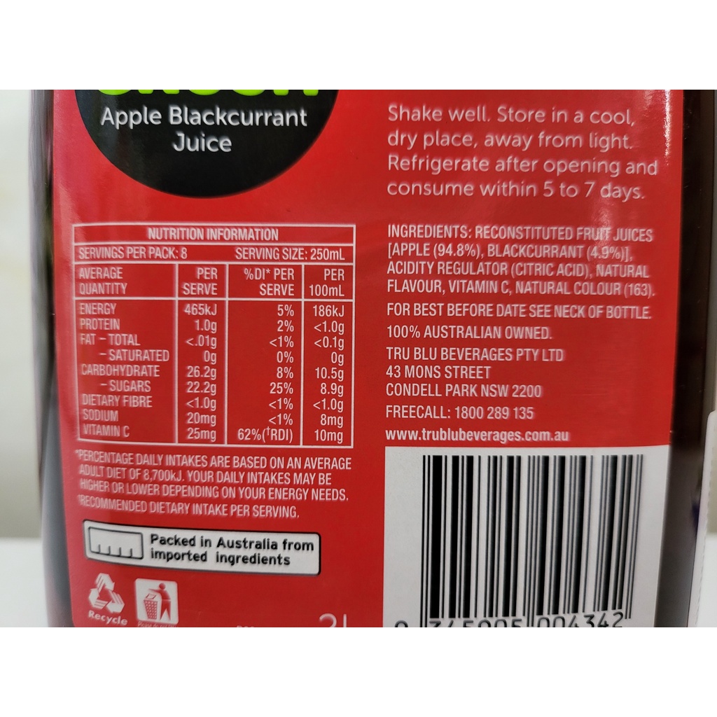[Bình 2 Lít] NƯỚC ÉP TÁO &amp; TRÁI LÝ CHUA ĐEN [Australia] JUICEE CRUSH Apple &amp; Blackcurrant Juice