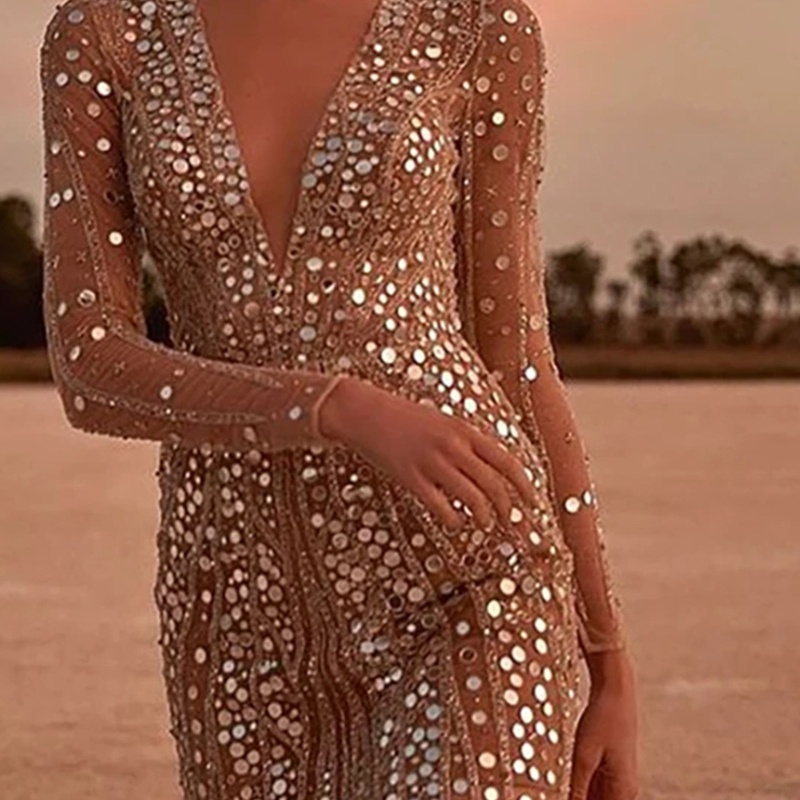 Đầm Mini Tay Dài Cổ Chữ V Khoét Sâu Đính Kim Sa Lấp Lánh Thời Trang Dự Tiệc Cho Nữ