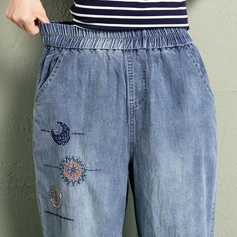 Quần jeans Nữ Lưng Cao Thêu Hoa Thời Trang Hàn