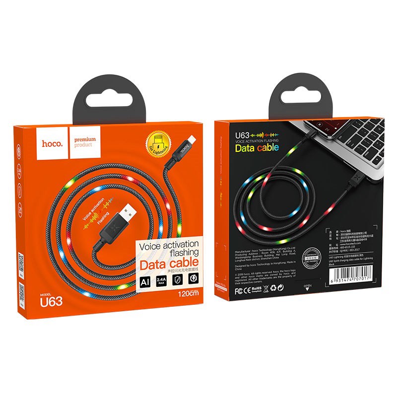 Cáp sạc nhanh Hoco U63 phát sáng LED đầu dây dài 1.2m - Chính hãng