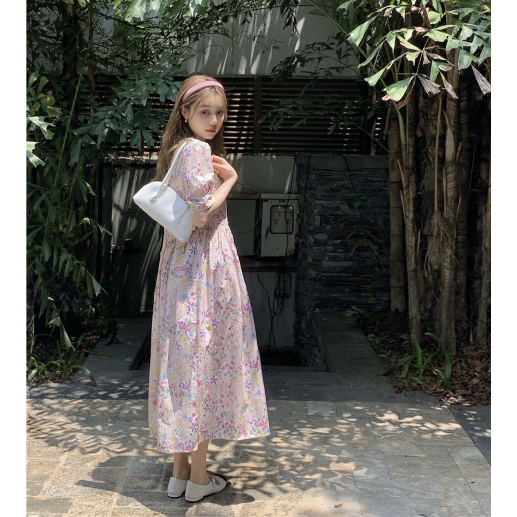 Váy babydoll thô hoa nhí thắt nơ ulzzang - Đầm hoa thô dáng babydoll