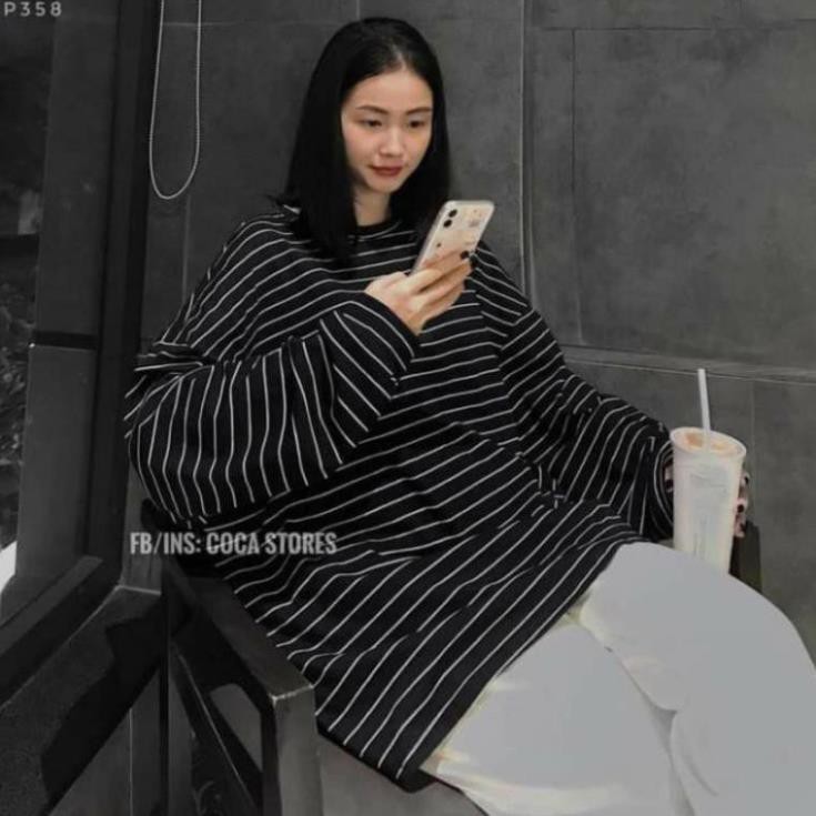 RẺ VÔ ĐỊCH] Áo Thun Kẻ Oversize-Sweater Tay Dài From Rộng Unisex