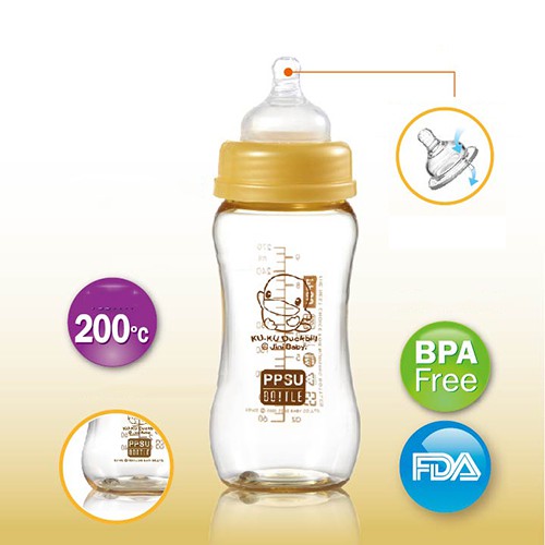 Bình sữa PPSU cổ rộng 280ml ku.ku duckbill Ku5834