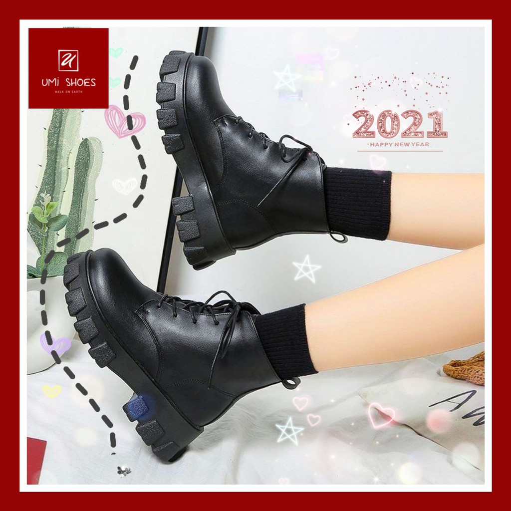 Bốt ulzzang nữ da bóng da trơn cổ lửng đế cao 5cm đế to bự bằng đơn giản đi chơi đẹp mẫu mới buộc dây