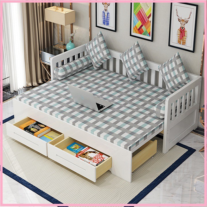 Sofa giường gỗ thông minh sơn trắng 120x200CM - Sofa giường gỗ kèm đệm gối
