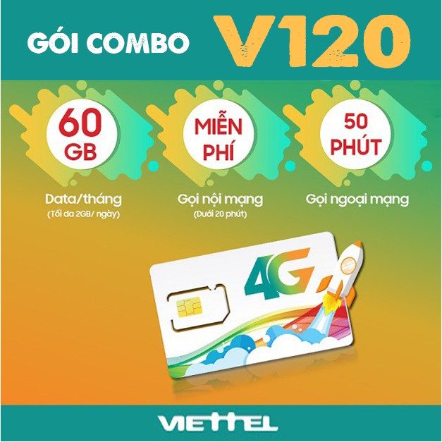 SIM VIETTEL gói V120 ĐẦU 03 Miễn Phí 1 Tháng Đầu Tặng 2Gb Tốc Độ Cao + 20 Phút Nội Mạng/Ngày 50 Phút Ngoại Mạng/Tháng