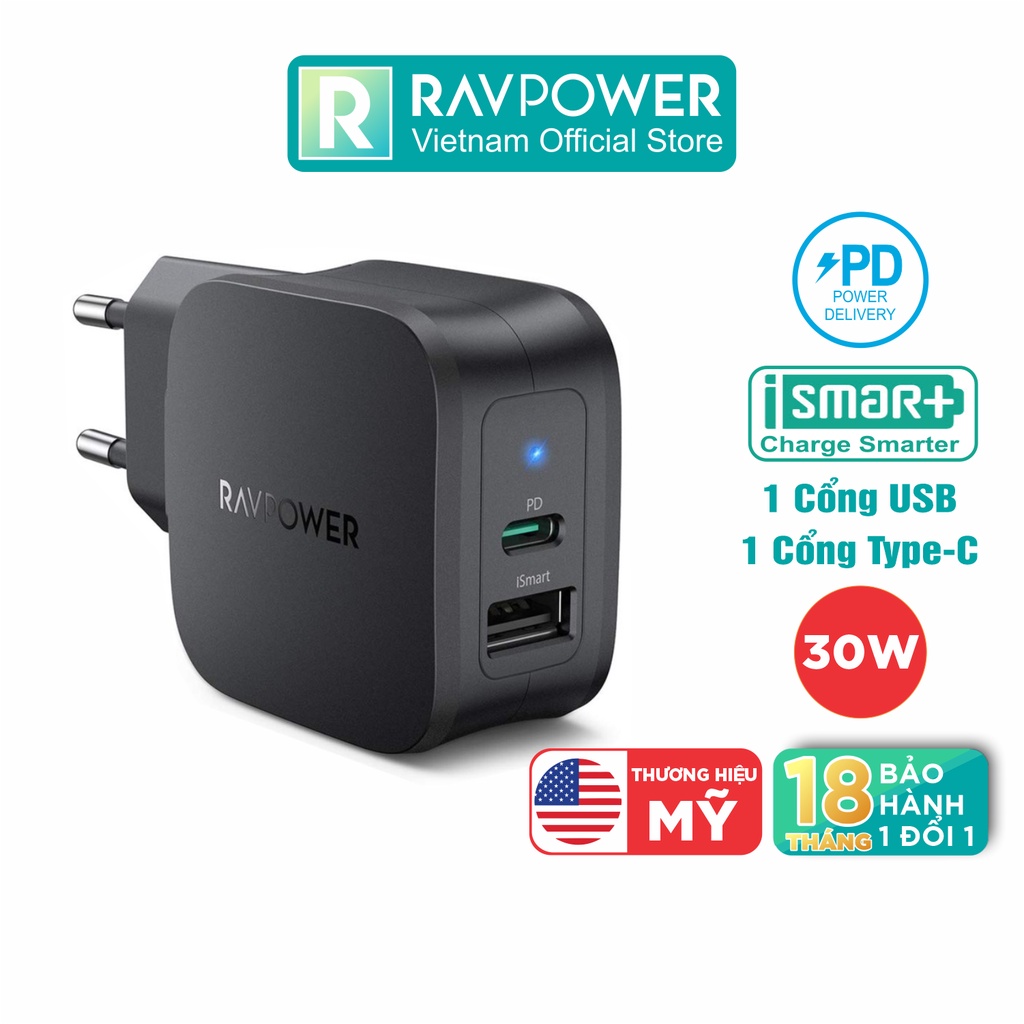 Adapter Củ Sạc 30W 1 Cổng USB Và 1 Type-C PD 18W Sạc Nhanh RAVPower RP-PC132 - Hàng Chính Hãng