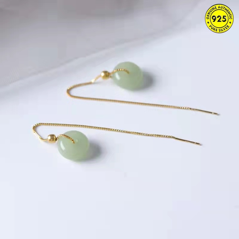 Hoa tai dáng dài đính ngọc bích phối tua rua thời trang cho nữ