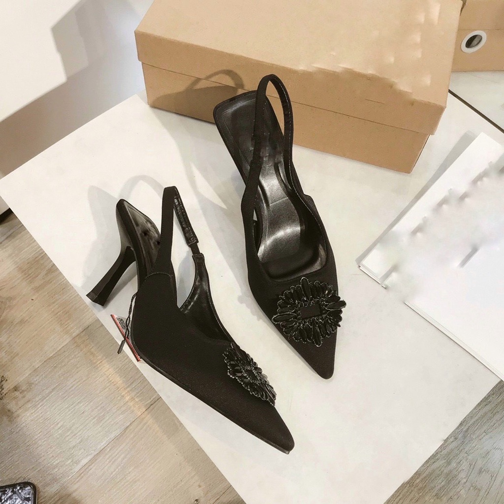 Sandal bít mũi nhọn chất nỉ nhung nơ đá tròn đen gót đũa - 7P