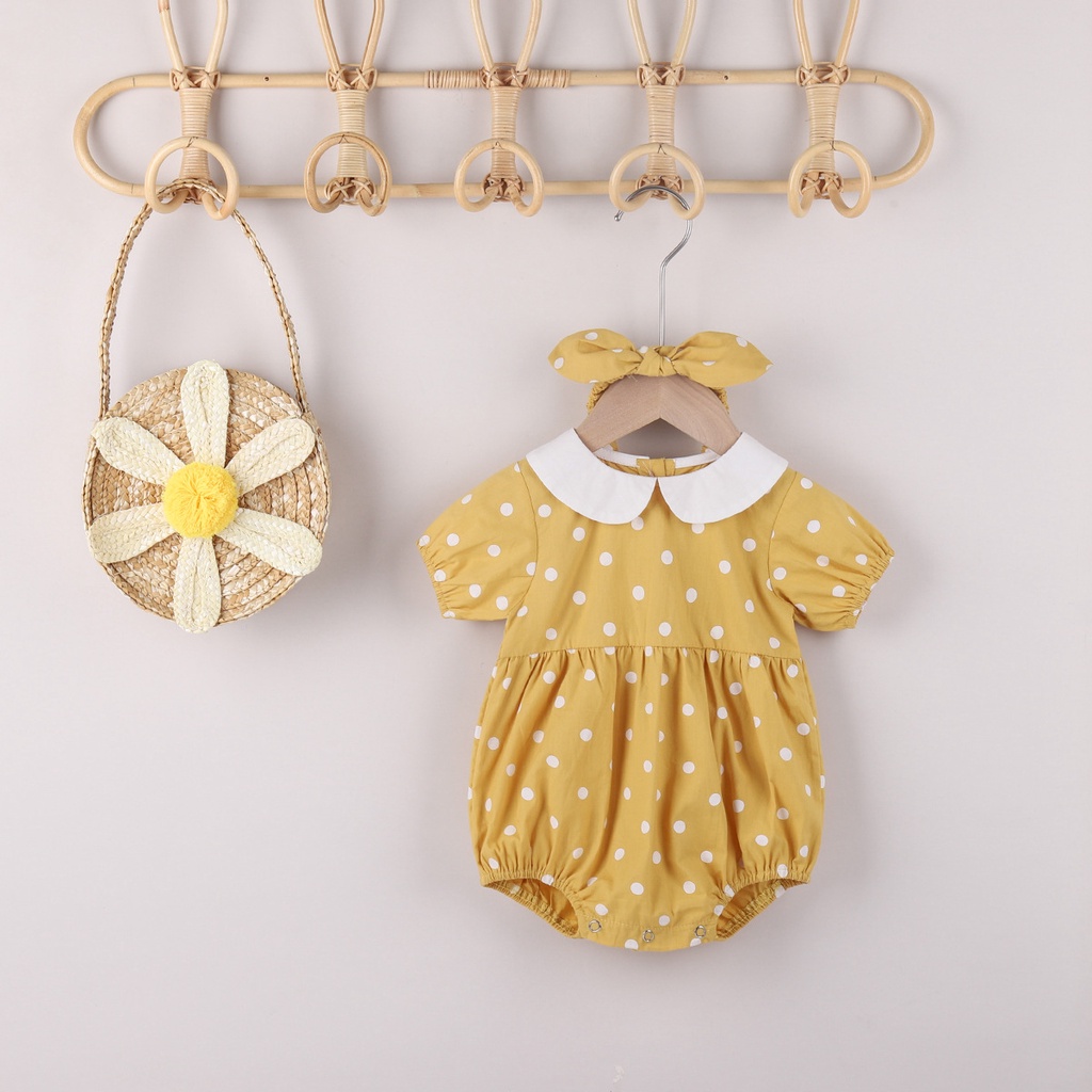 Set Áo Liền Quần + Băng Đô Quấn Đầu Chấm Bi Xinh Xắn Cho Bé Gái