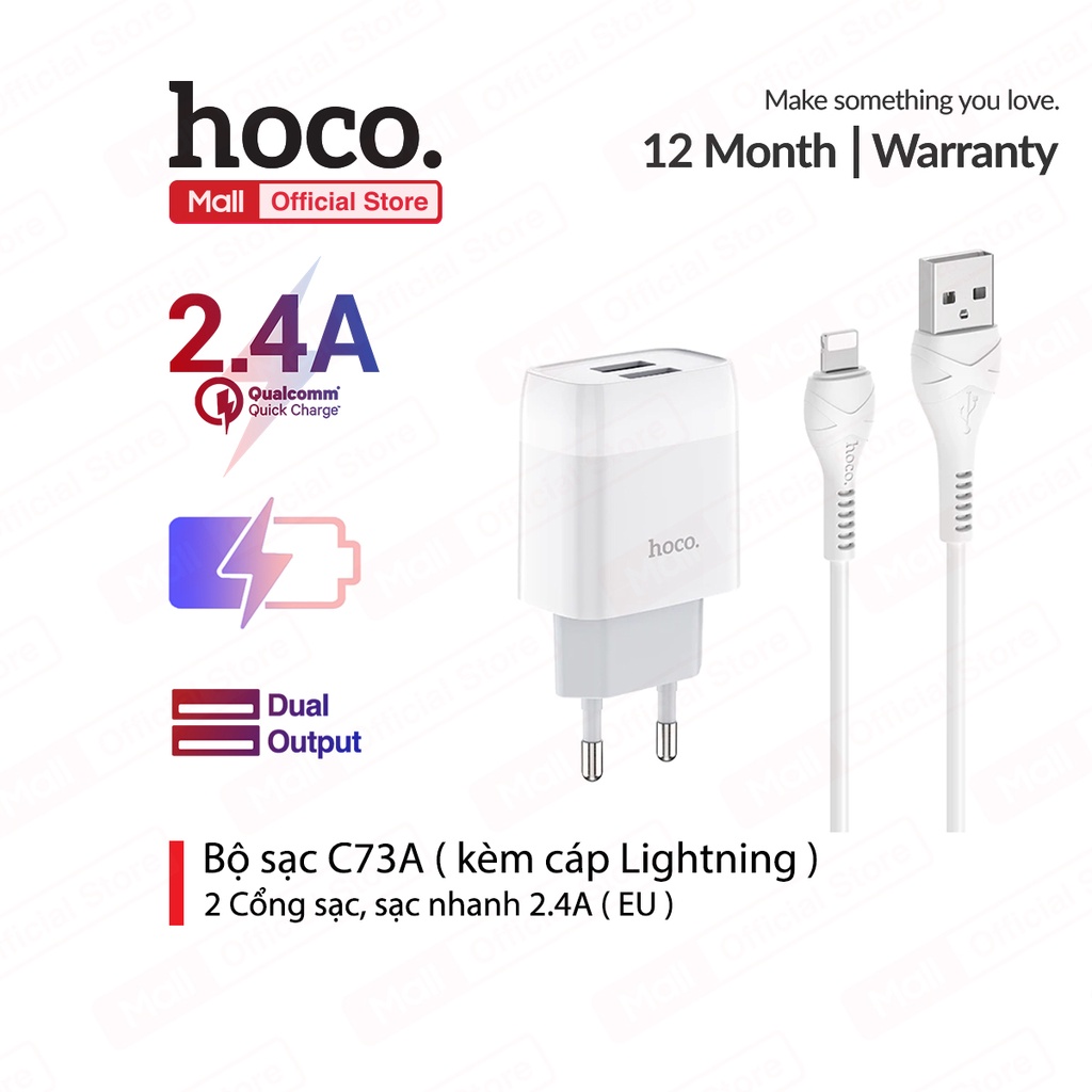 Bộ sạc Hoco C73A 2 cổng sạc nhanh 2.4A ( kèm cáp lightning )