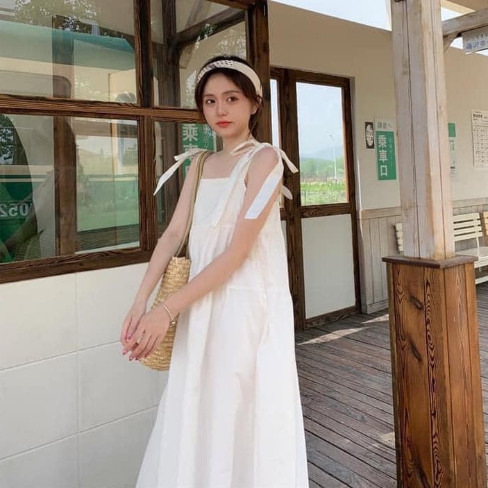 Đầm Babydoll Hai Dây Thắt Nơ Xinh Xắn, Váy Xòe 2 Lớp Form Rộng Dáng Dài Phong Cách Tiểu Thư, Labibi
