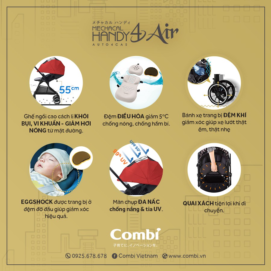 Xe đẩy Combi Handy 4X Air 4 bánh quay tự động