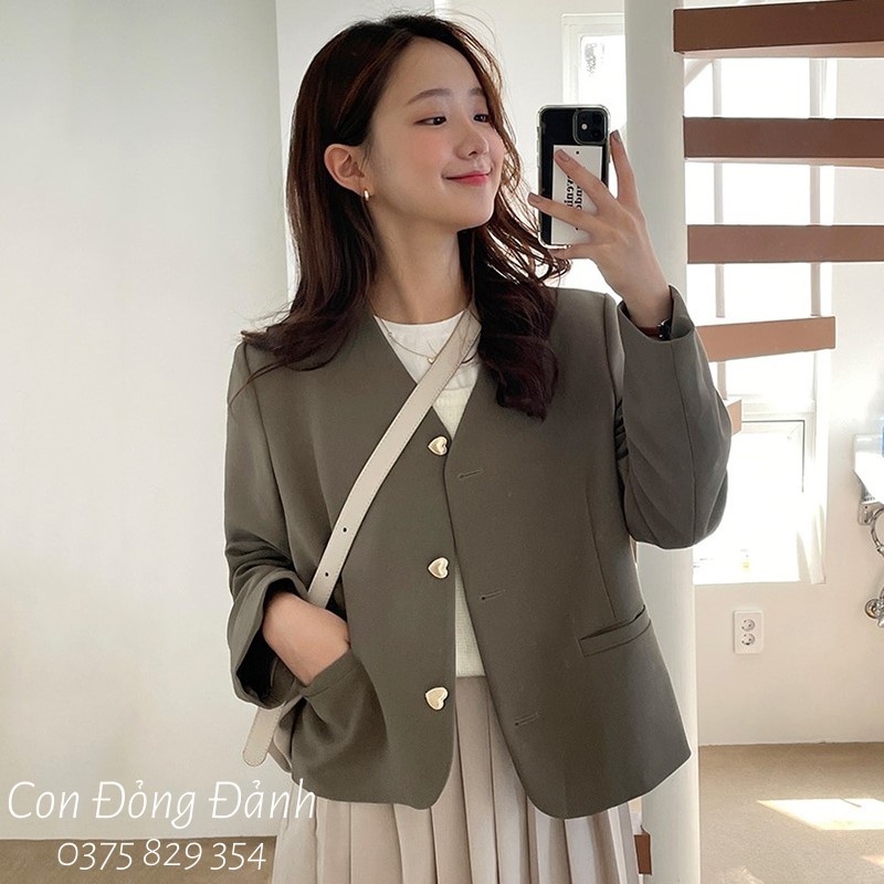(Mã FL giảm 20k) (AO019 ảnh thật) Áo vest blazer nữ không cổ dài tay cúc trái tim Hàn Quốc