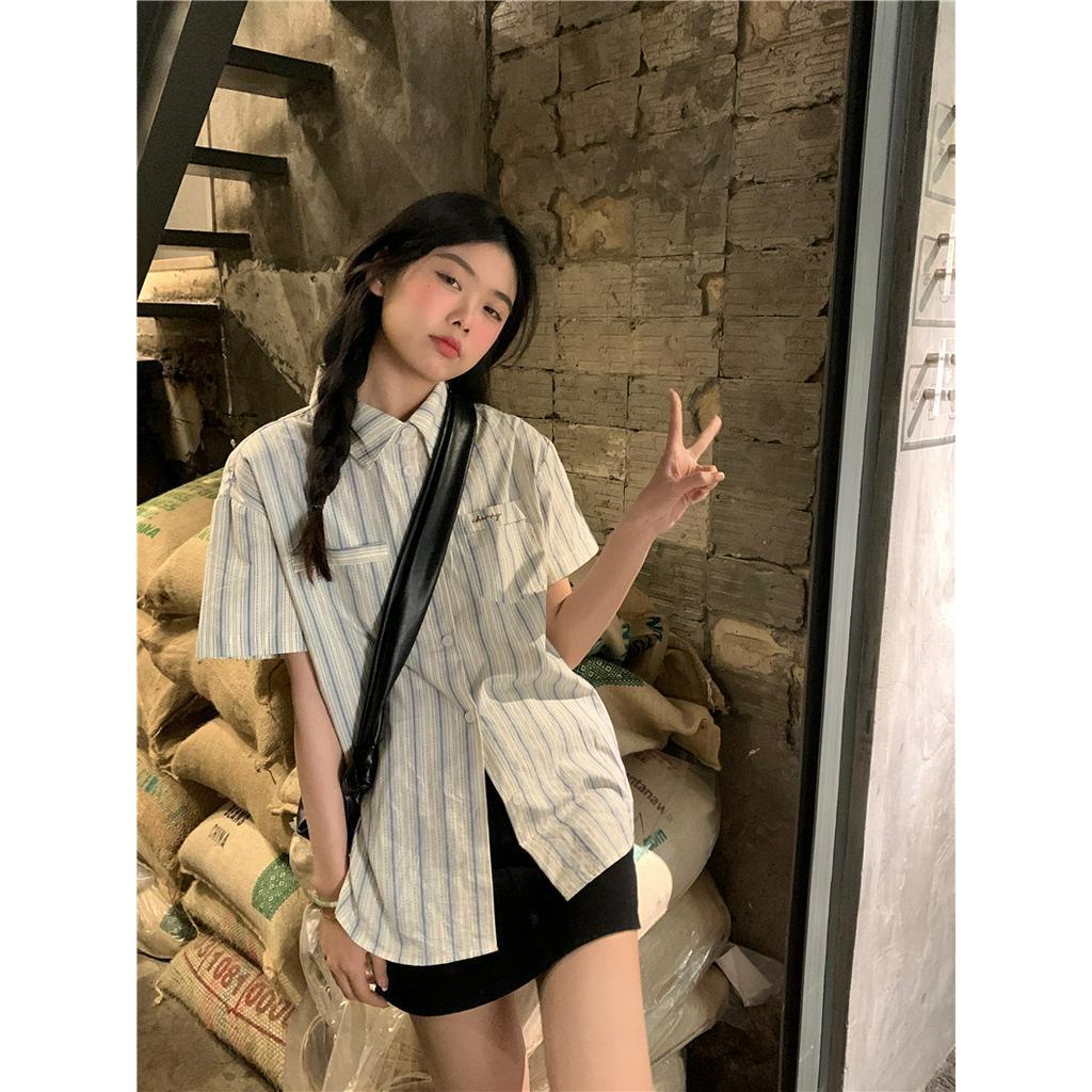 Áo Sơ Mi Kẻ Sọc Dáng Rộng Ngắn Tay Phong Cách Hàn Quốc Thời Trang Mùa Hè 6332
