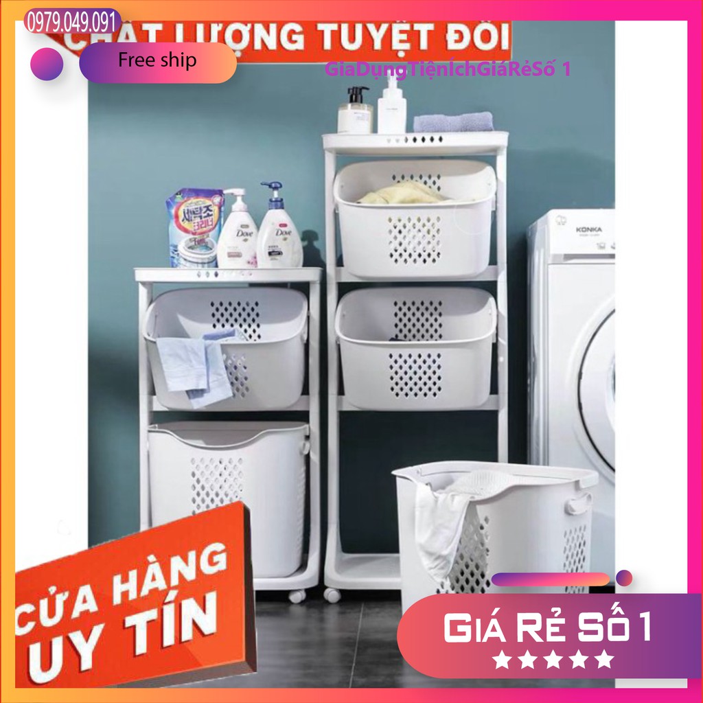 Kệ đựng đồ 3 tầng đa năng, Rổ đựng quần áo 3 tầng có bánh xe nhựa cao cấp.