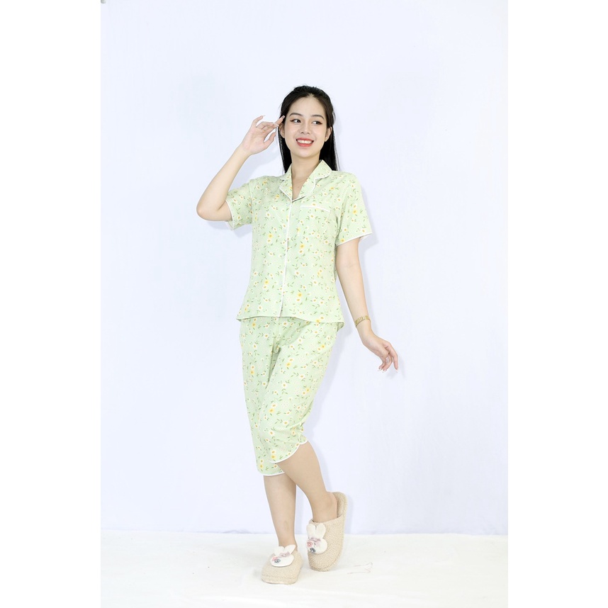 Đồ bộ nữ lửng L20 XANH MẠ pijama tay ngắn quần lửng in họa tiết HOA NHÍ MÙA THU cực Kì Sang Chảnh