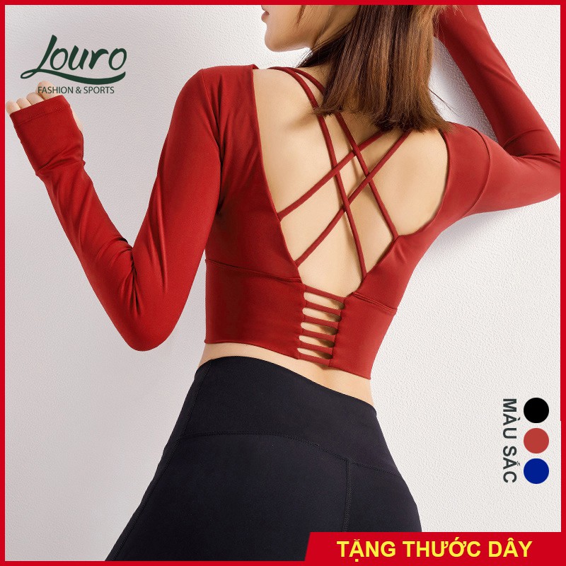 Áo tập gym yoga dài tay Louro LA30D, kiểu áo croptop body dài đan chéo, có sẵn mút ngực, chất liệu co giãn, thoáng mát