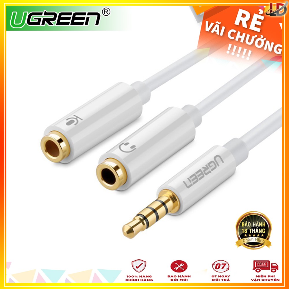 Dây chuyển đổi 3.5mm đực sang hai đầu Mic + Loa chuẩn 3.5mm (cái)  UGREEN 10789